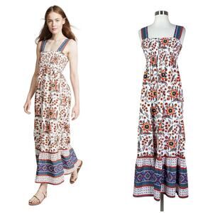 Joie | Chisuzu Floral Print Smocked White Blue Red Cotton Summer Maxi Dress XS